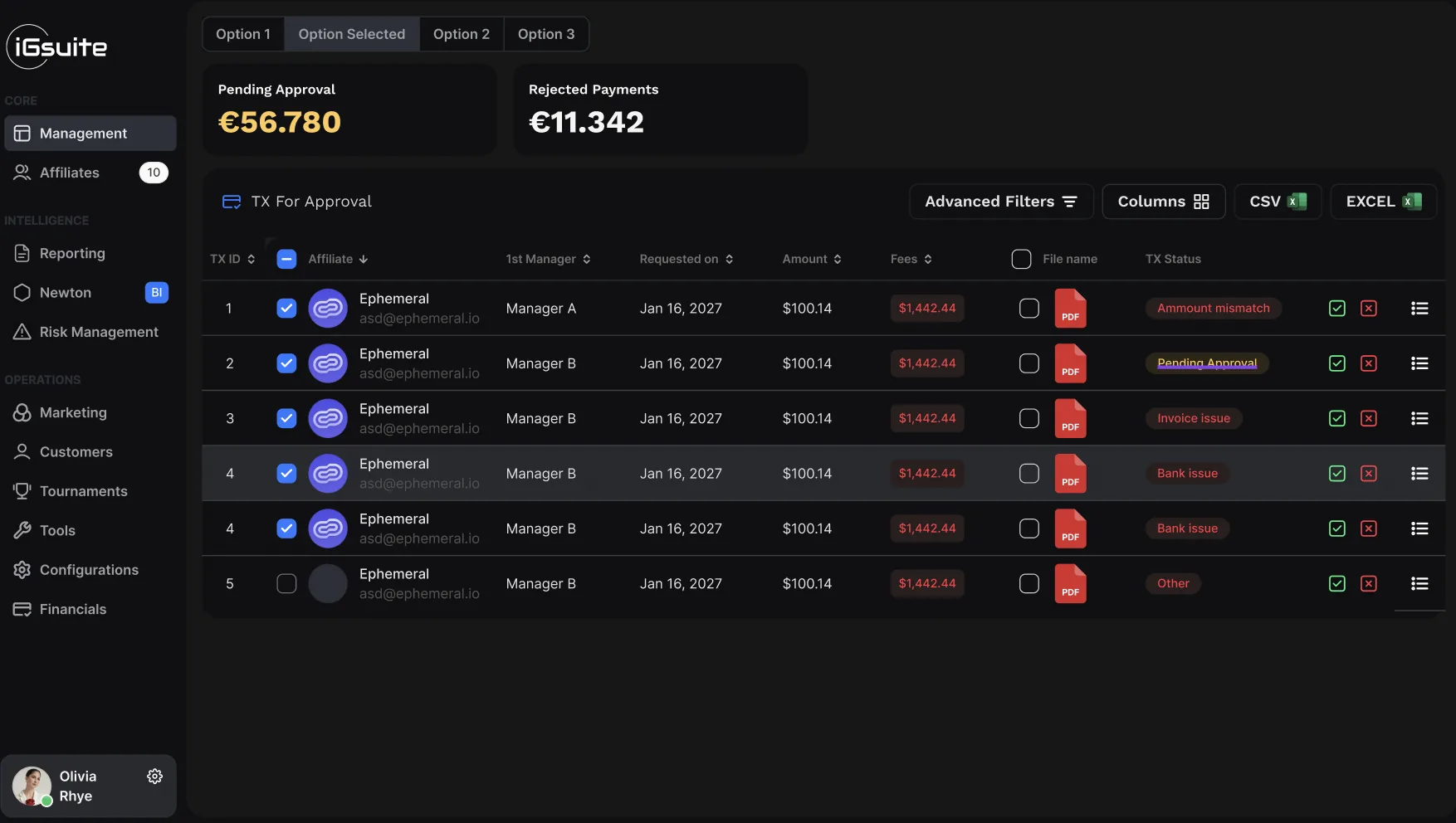 The iGsuite transaction approval queue showing affiliate payments awaiting sign-off with amounts, fees, attached invoices and statuses such as pending approval, invoice issue and bank issue.